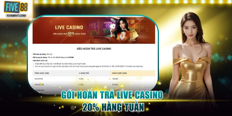 Gói hoàn trả live casino 20% hằng tuần